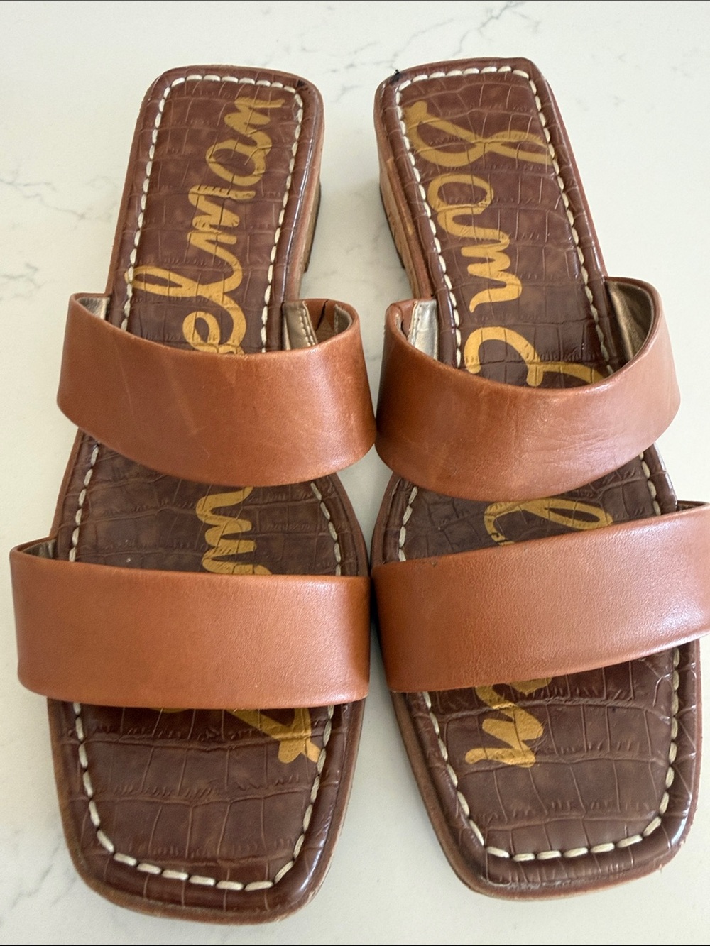 Sam Edelman Tan Leather Double-Strap Slide Sandals in size 9.
